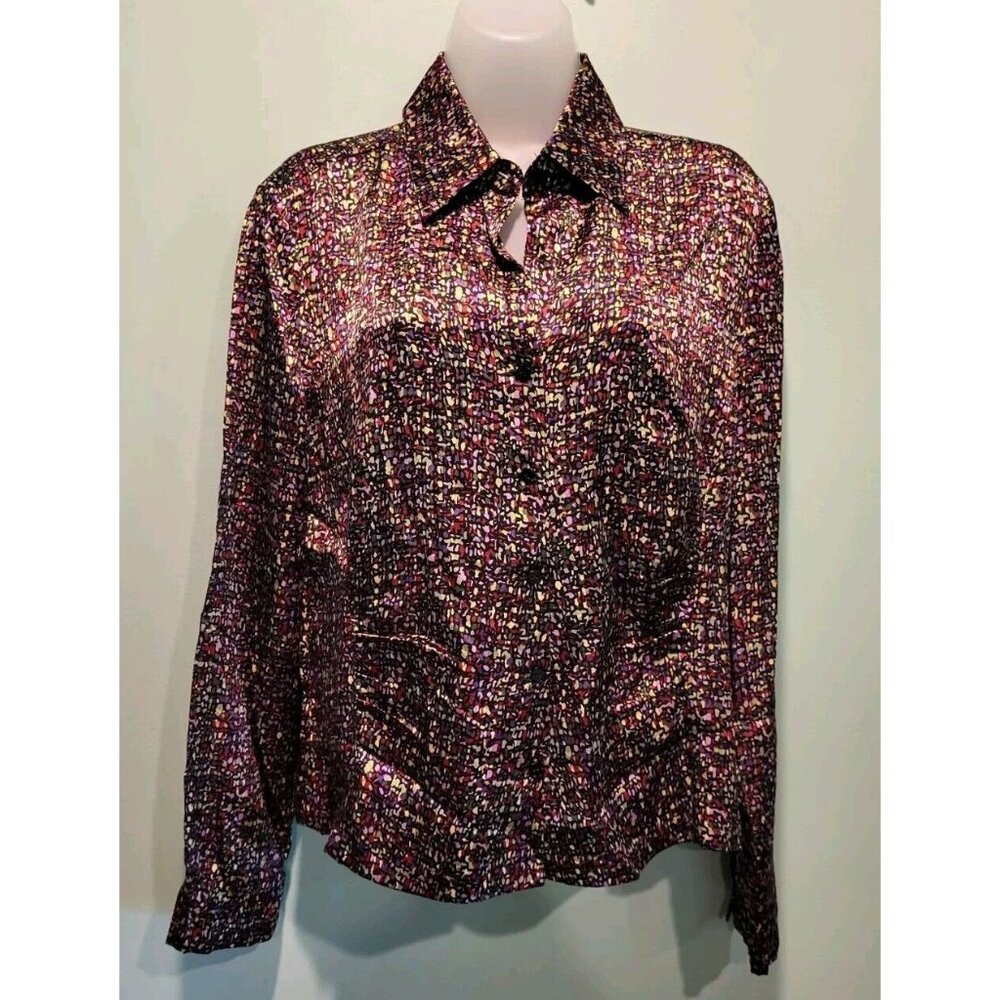Talbots 100% Silk Black Purple Green Button Up Blouse Sz 10